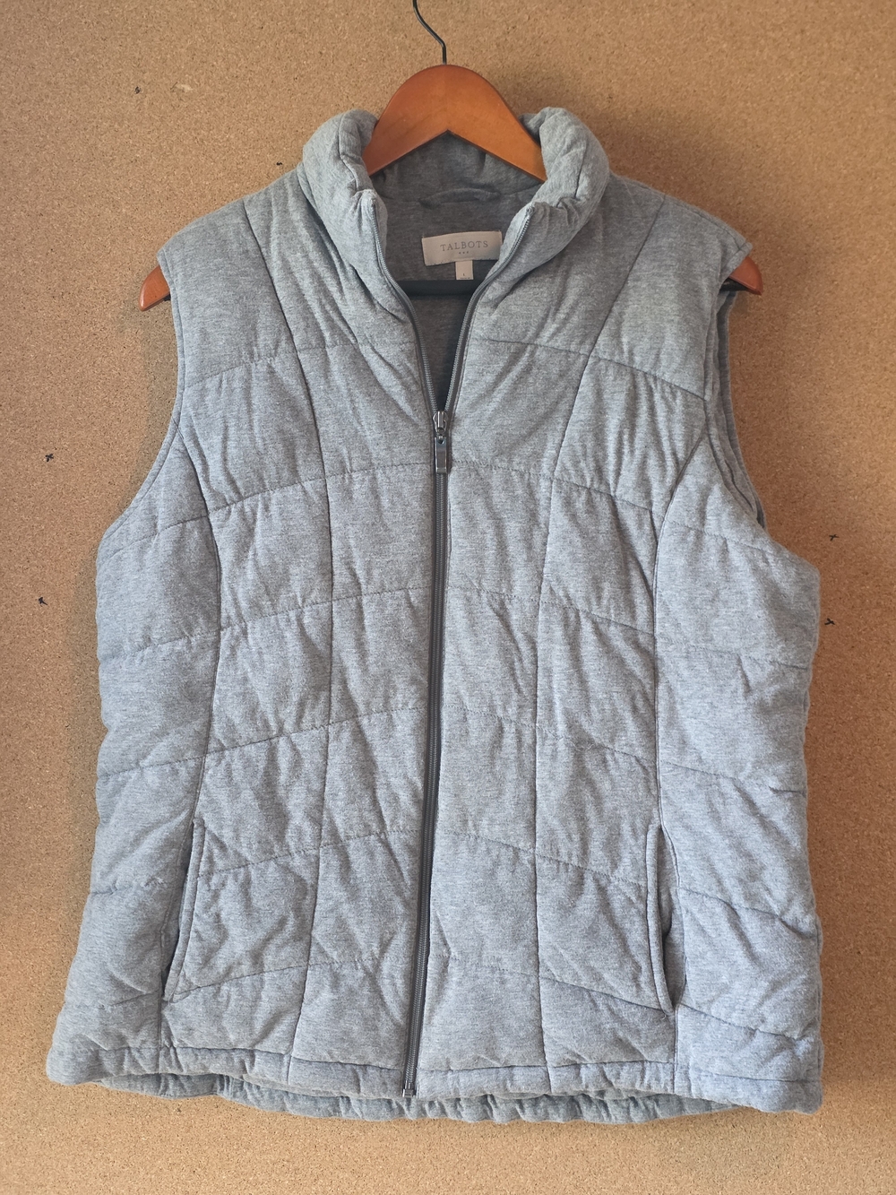 Talbots Heather Gray Quilted Puffer Vest L Knit Cotton Blend Sweatshirt Style